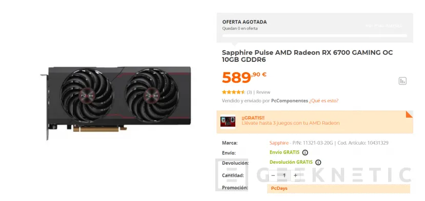 Geeknetic Vista for sale the Sapphire AMD Radeon RX 6700 PULSE in PcComponentes for 589.90 euros 1