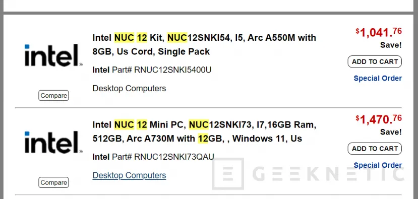 Geeknetic The Intel NUC 12 Serpent Canyon is listed in a store from $1,040 1