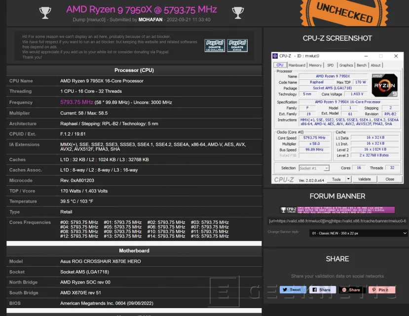 Geeknetic Consiguen poner a 5,8 GHz los 16 núcleos del AMD Ryzen 9 7950X 2