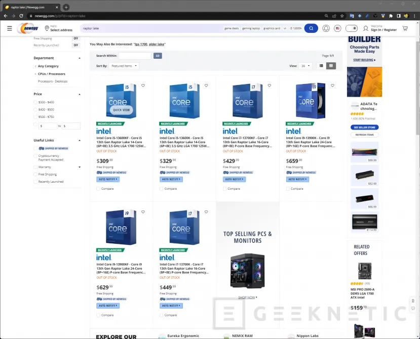 Geeknetic Aparecen en Newegg 6 procesadores Intel Raptor Lake con el Intel Core i9-13900K por 659,99 dólares 1