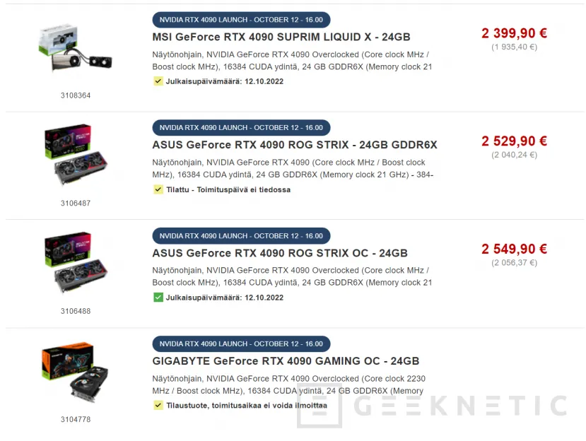 Geeknetic Salen a la luz precios en euros de las NVIDIA RTX 4090 personalizas desde los 1.999 hasta 2.549 euros 2