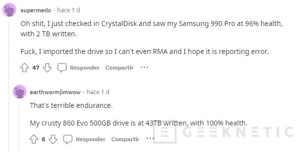 Geeknetic Algunas unidades de SSD Samsung 990 Pro reducen el porcentaje de salud casi a diario 3