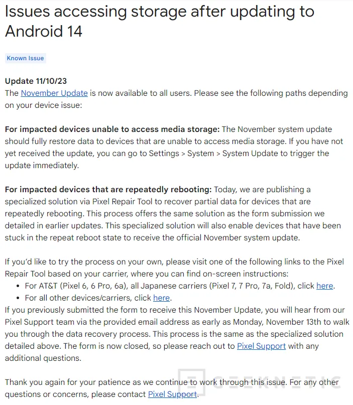 Geeknetic Google lanza una herramienta para reparar los Pixel con el bug de almacenamiento de Android 14 1
