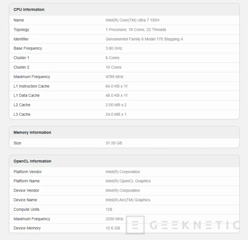 Geeknetic La GPU del Intel Core Ultra 7 155H supera a la AMD Radeon 780M en el test OpenCL de Geekbench 2