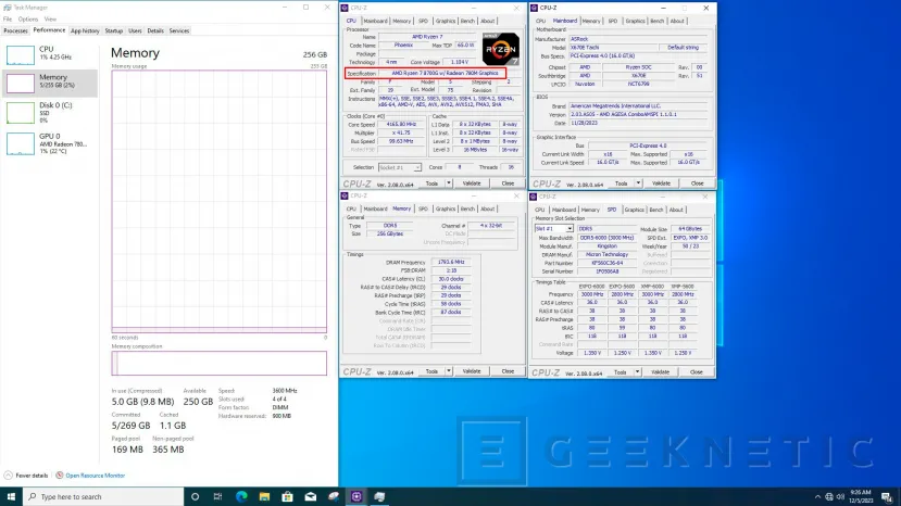 Geeknetic ASRock muestra una captura con el AMD Ryzen 8700G funcionando con 256 GB de memoria RAM 2