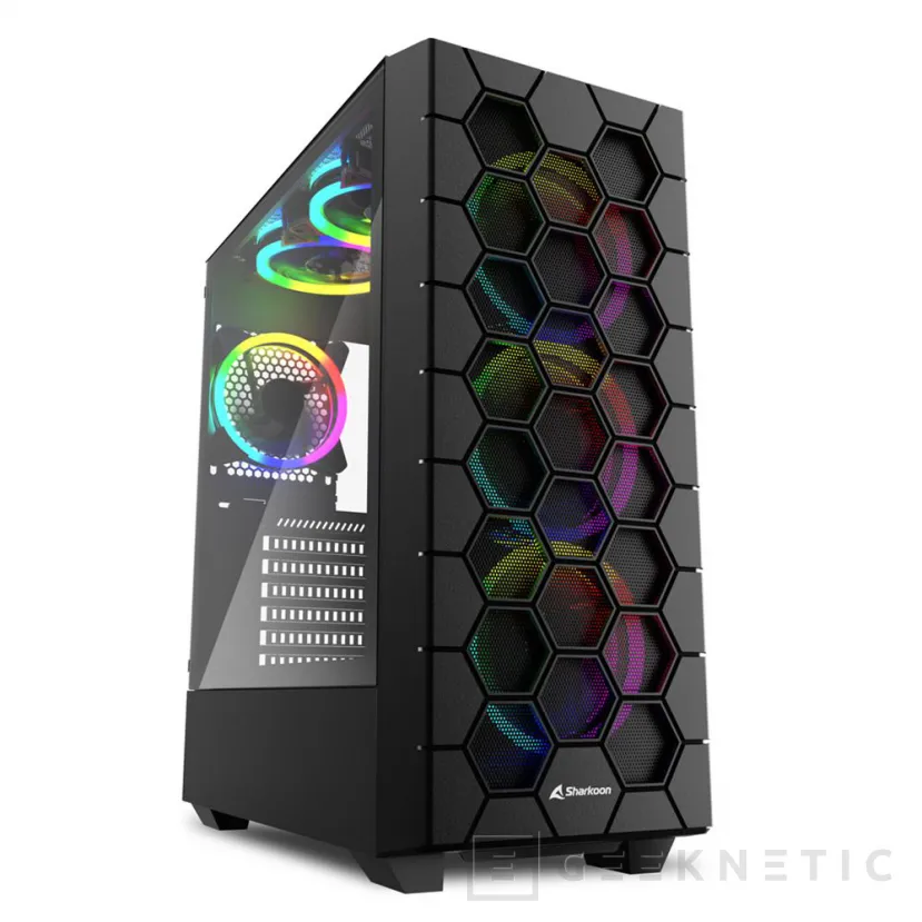 Geeknetic Sharkoon presenta su nueva caja RGB Hex con panel frontal de malla en forma de hexágono y 6 ventiladores preinstalados 1