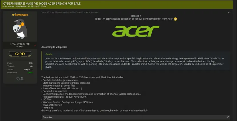 Geeknetic Salen a la venta 160 GB de datos confidenciales de productos de Acer 1