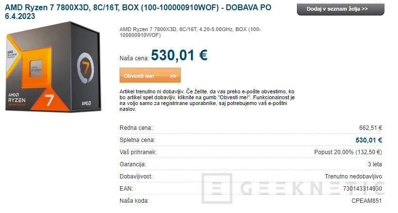 Geeknetic Aparece listado el AMD Ryzen 7800X3D en tiendas de Europa desde los 530 euros 2