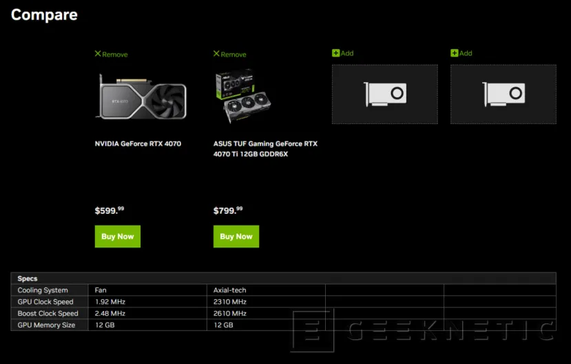 Geeknetic Ya aparece la NVIDIA RTX 4070 en la web de NVIDIA confirmando un reloj base/turbo de 1,92/2,48 GHz 2