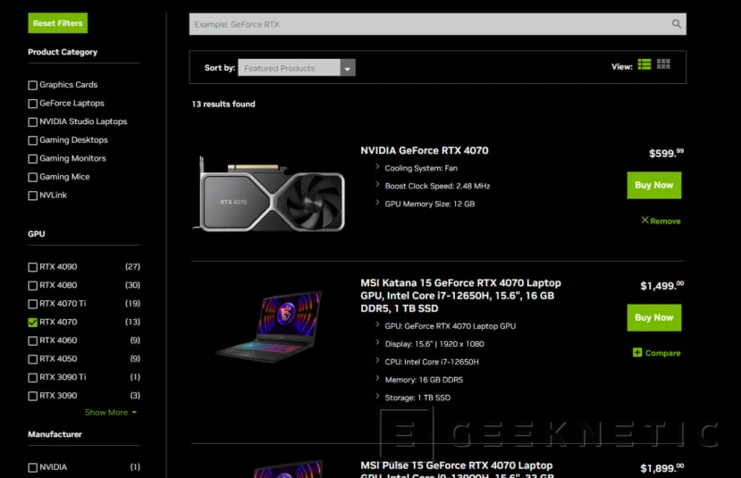 Geeknetic Ya aparece la NVIDIA RTX 4070 en la web de NVIDIA confirmando un reloj base/turbo de 1,92/2,48 GHz 3