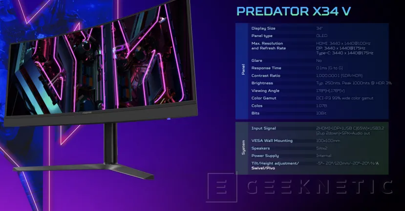 Geeknetic El Acer Predator X34 V combina un Panel OLED de 34 pulgadas y 3.440 x 1.440 píxeles con 175 HZ 1