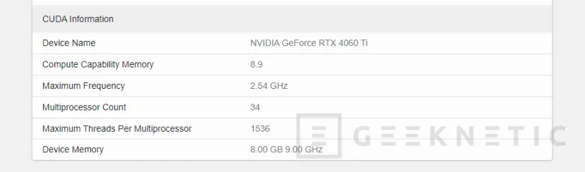 Geeknetic Vista en Geekbench la NVIDIA RTX 4060 Ti confirmando 4.352 núcleos CUDA y 8 GB de VRAM a 18 Gbps 1