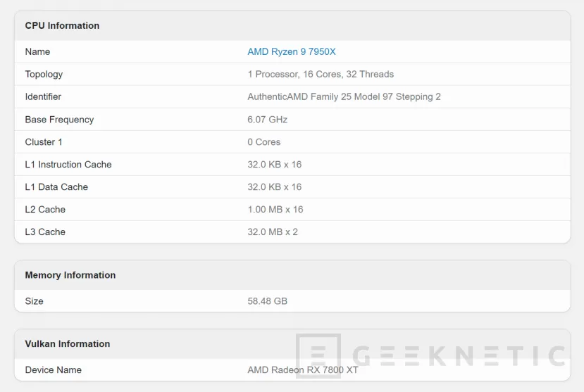 Geeknetic Filtrada en Geekbench la AMD Radeon RX 7800 XT ejecutando una prueba de Vulkan 1