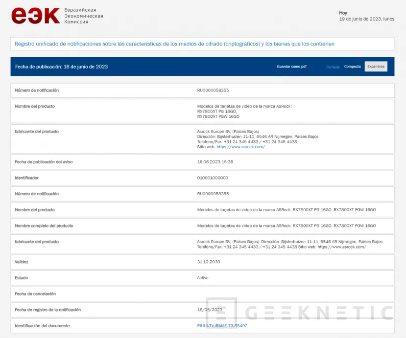 Geeknetic ASRock registra 2 modelos de AMD Radeon RX 7800 XT Phantom Gaming en la EEC 1
