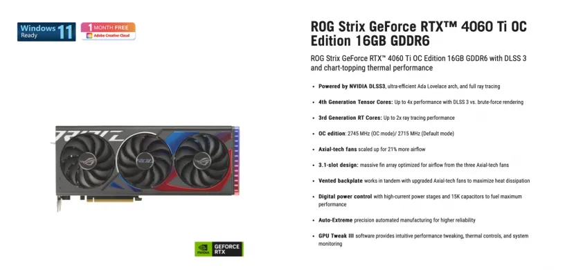 Geeknetic La ASUS RTX 4060 Ti ROG Strix de 16 GB de VRAM podría tener un precio superior a la NVIDIA RTX 4070 FE 1