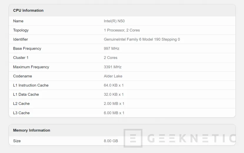 Geeknetic Filtrado en Geekbench el Intel N50 de 2 núcleos y con velocidad base de 1 GHz con un consumo de solo 6 W 2