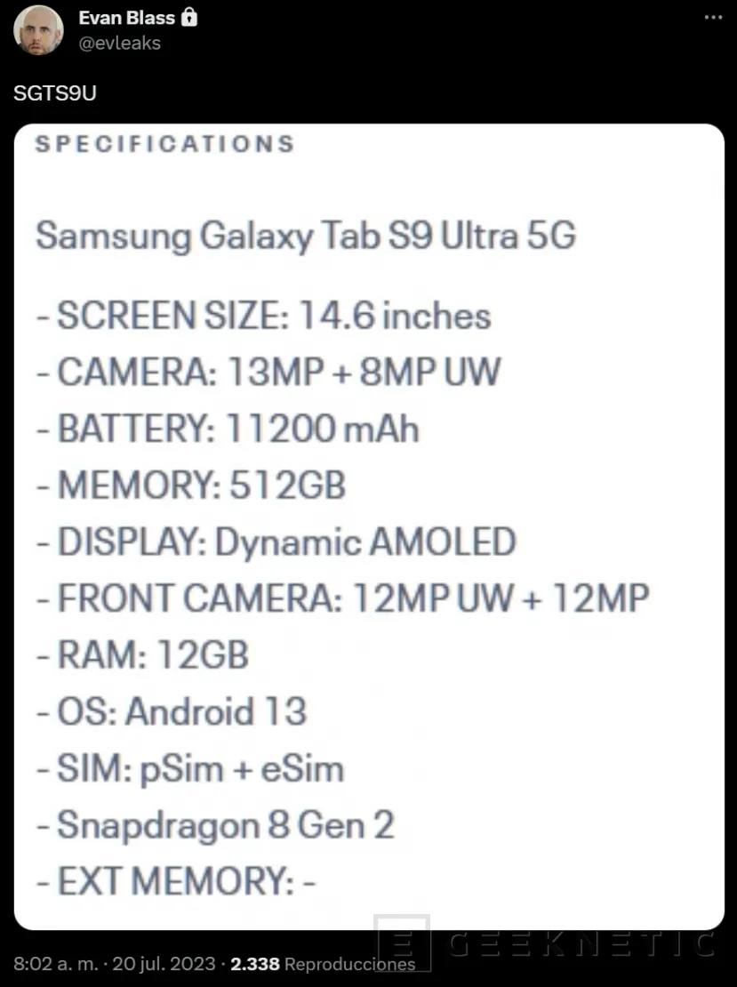 Geeknetic Leaked Technical Specifications of the Samsung Galaxy Tab S9 Ultra 5G With Snapdragon 8 Gen 2 2