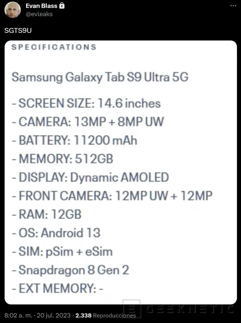 Geeknetic Filtradas las Especificaciones Técnicas de la Samsung Galaxy Tab S9 Ultra 5G Con Snapdragon 8 Gen 2 2