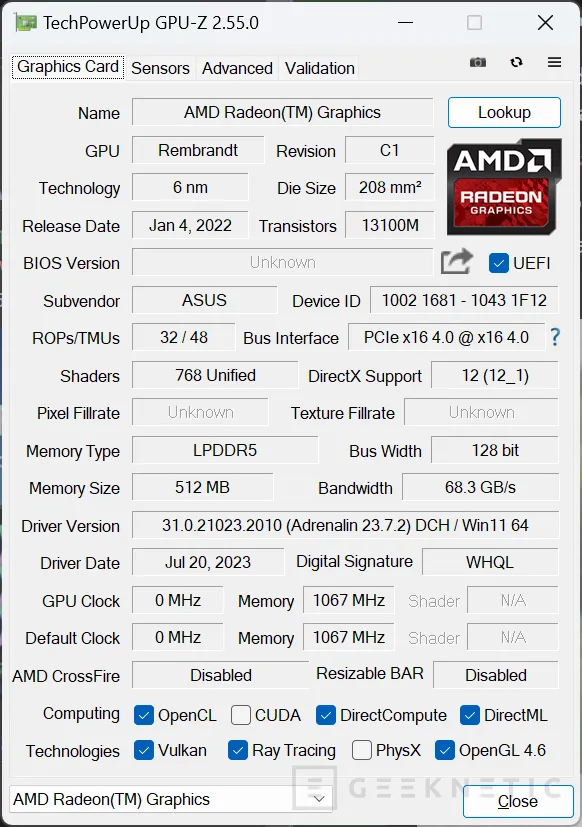 Geeknetic GPU-Z v2.55.0 ya soporta las Radeon RX 7700/7800 XT y los AMD Ryzen Z1 Extreme 1