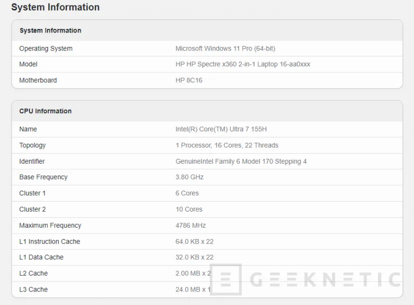 Geeknetic Visto un Intel Core Ultra 7 155H en Geekbench con 16 núcleos y 22 hilos 1