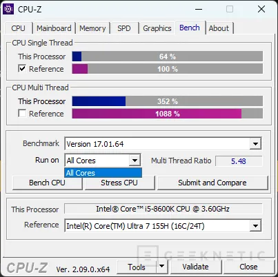 Geeknetic CPU-Z se actualiza a la versión 2.09 con soporte ampliado para los Intel Meteor Lake y preliminar para los Arrow Lake 2