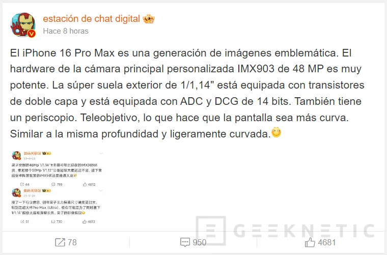 Geeknetic El iPhone 16 Pro Max incluirá un nuevo sensor Sony IMX903 con transistores de doble capa 1