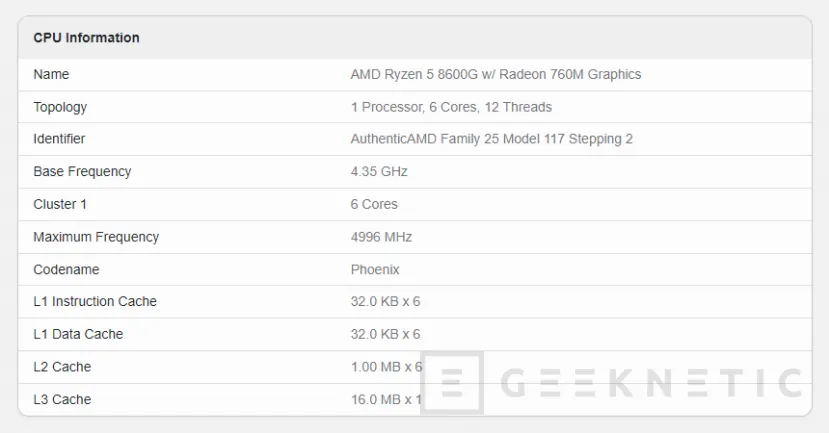 Geeknetic Visto en Geekbench el AMD Ryzen 5 8600G con una GPU integrada Radeon 760M 1