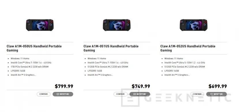 Geeknetic La MSI Claw costará 699,99 dólares en su versión con el Core Ultra 5 135H, 16 GB de RAM y 512 GB de SSD 1