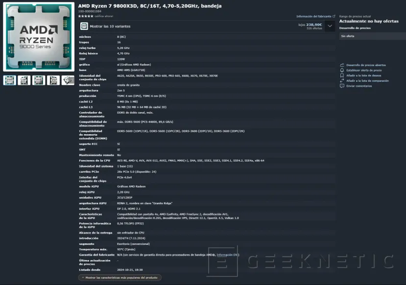 Geeknetic Filtradas las especificaciones del AMD Ryzen 7 9800X3D, hasta 5,2 GHz y desbloqueado para overclocking 1