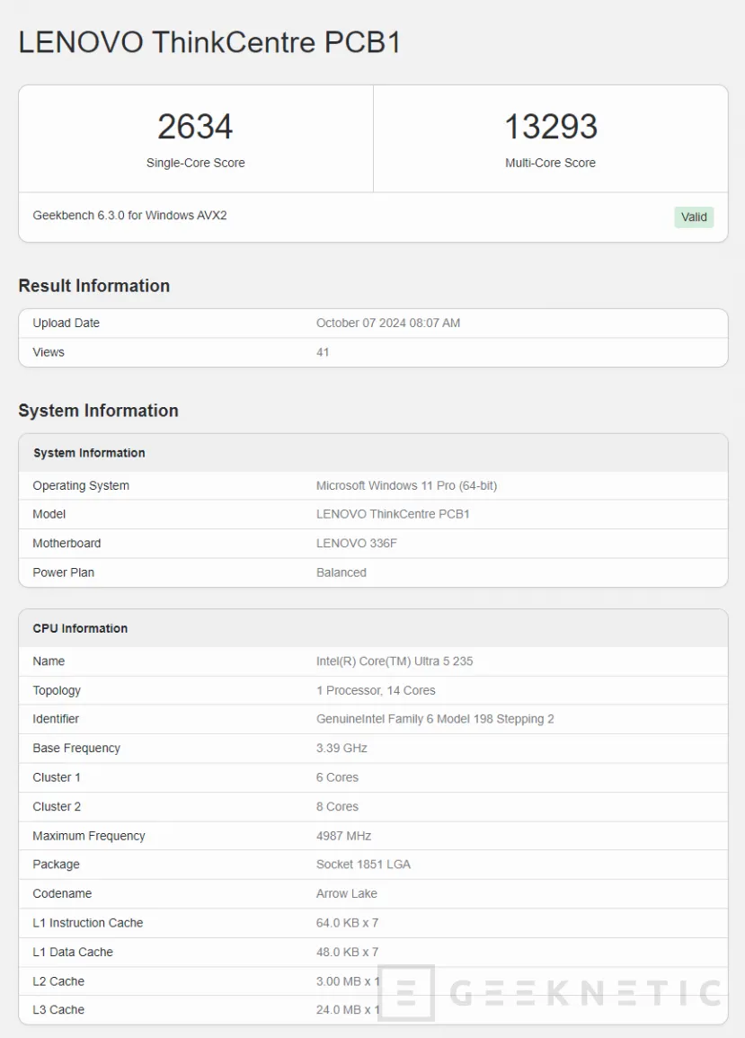 Geeknetic Leaked the Intel Core Ultra 5 235 in Geekbench, 14 cores, 5 GHz turbo and 24 MB L3 cache 1