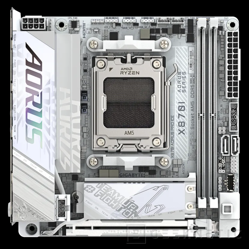 Geeknetic GIGABYTE presenta la placa MiniITX con chipset AMD X870I AORUS PRO ICE totalmente en blanco 3