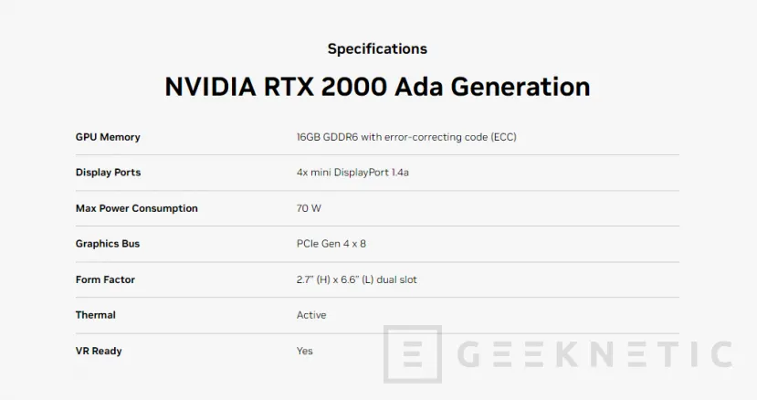 Geeknetic NVIDIA hace oficial la RTX 2000 Ada Generation con 16 GB de VRAM GDDR6 ECC y PCIe 4.0 x8 2