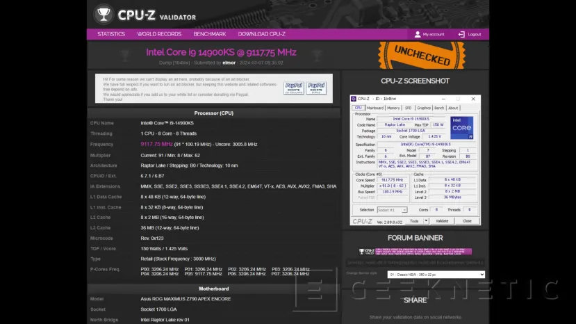 Geeknetic El Intel Core i9-14900KS consigue un nuevo récord llegando a los 9.117,75 MHz en una placa ASUS ROG MAXIMUS Z790 1