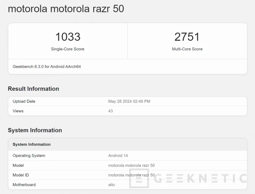 Geeknetic Filtrado el Motorola Razr 50 en Geekbench con 4 núcleos a 2,0 GHz y otros 4 a 2,5 GHz 2