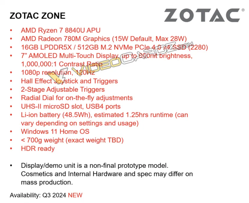 Geeknetic The ZOTAC ZONE console will have an AMD Ryzen 7 8840U SoC under a 7-inch screen" FHD at 120HZ 2