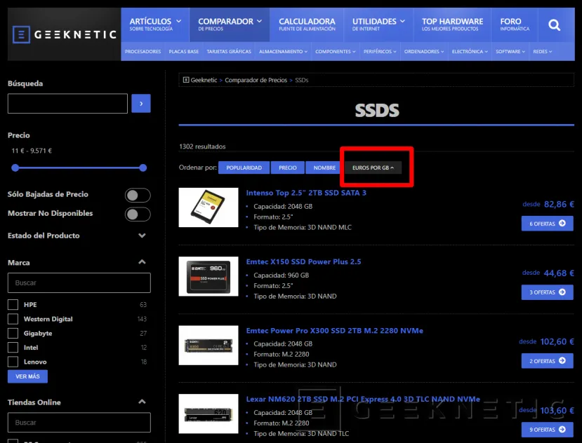 Geeknetic Nuestro Comparador de Precios ahora permite ordenar en Euros por GB 2