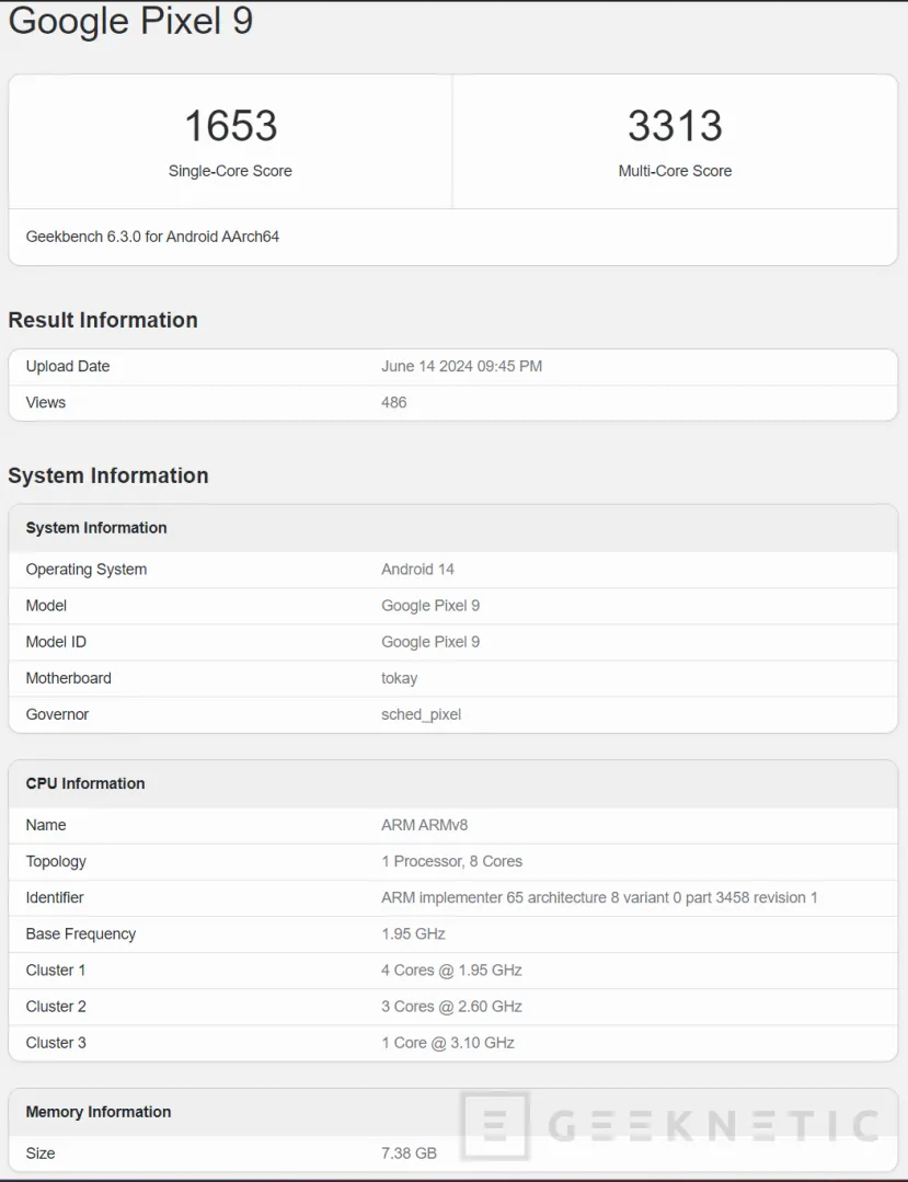 Geeknetic Aparece el Google Pixel 9 y Pixel 9 Pro XL en Geekbench con 8 y 16 GB de RAM respectivamente y el Tensor G4 2