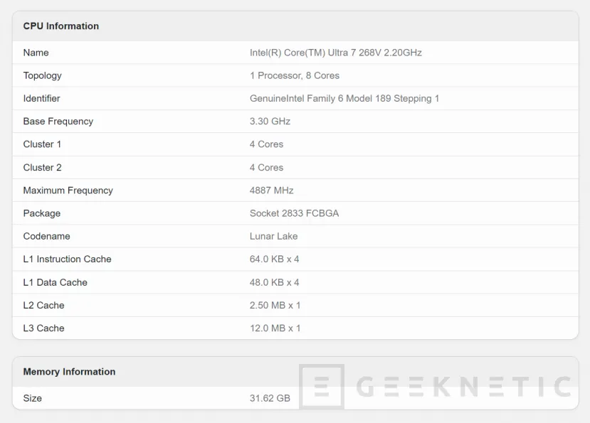 Geeknetic Se ha dejado ver el Intel Core Ultra 7 268V en Geekbench con una puntuación de 2.739 en el test de un solo núcleo 1
