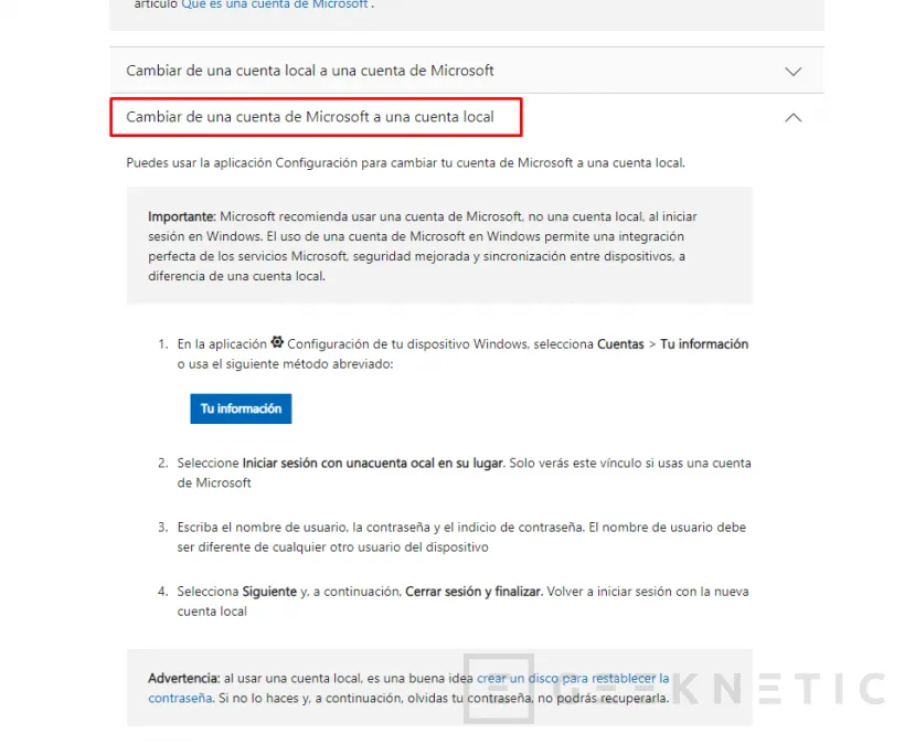 Geeknetic Microsoft elimina la página de ayuda para cambiar de cuentas en línea a cuentas locales 2
