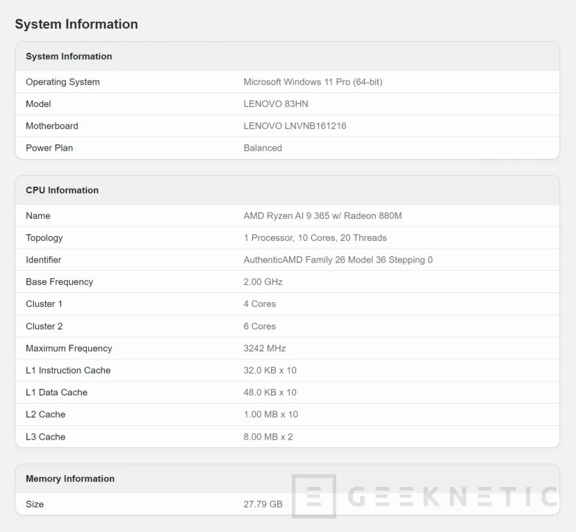 Geeknetic Visto un portátil Lenovo en Geekbench con el AMD Ryzen AI 9 365 1