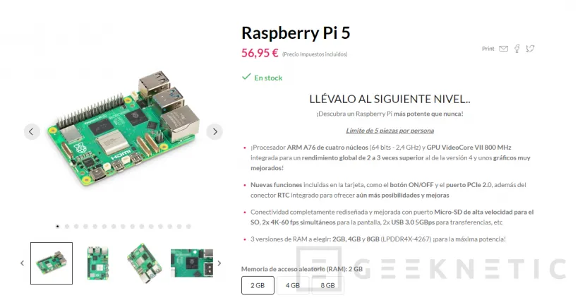 Geeknetic La Raspberry Pi 5 más barata ya está disponible: desde 56 euros por la versión de 2 GB de RAM 2