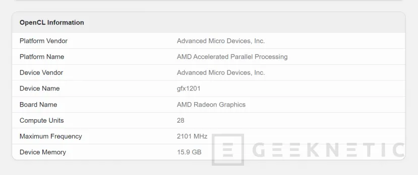 Geeknetic Aparece en Geekbench una AMD Radeon RX 8000 Series, la GFX1201 tiene 16 GB de VRAM, 2.100 MHz y 28 WGPs 1