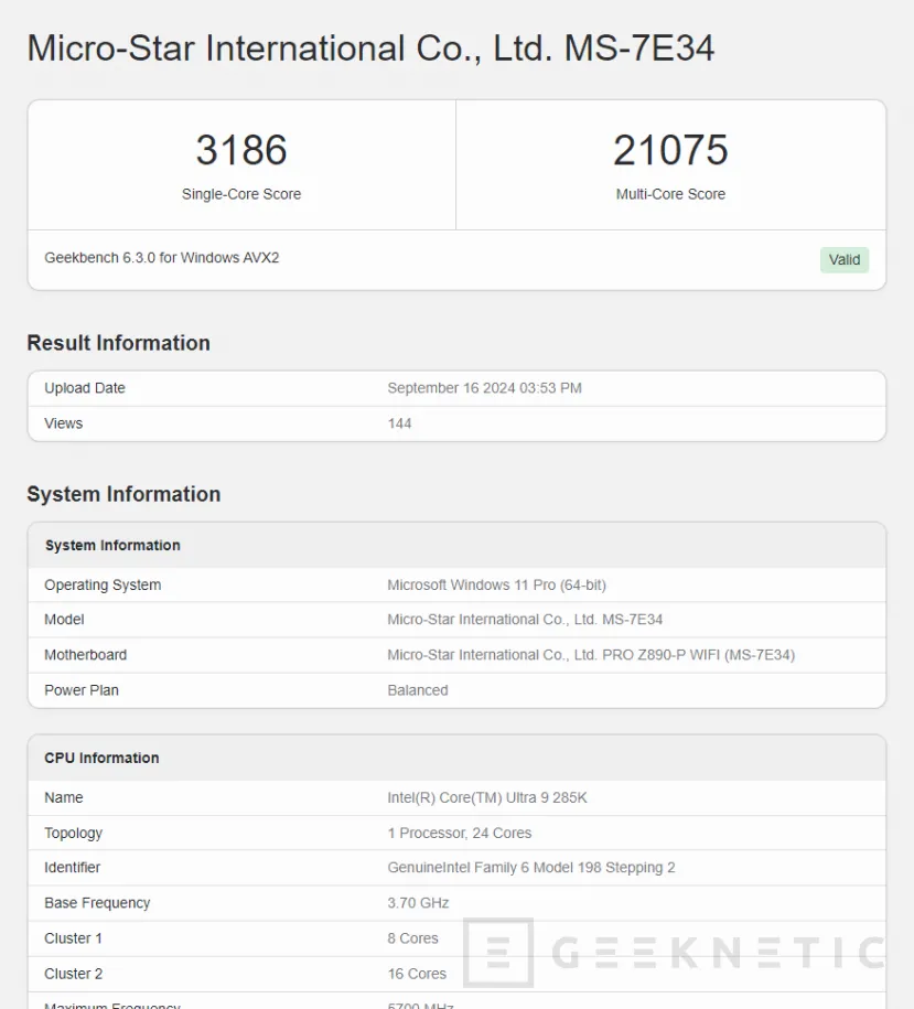 Geeknetic Aparecen en Geekbench 6 el Core Ultra 9 285K y el Core Ultra 7 265KF consiguiendo 3.186 puntos en un solo núcleo 1