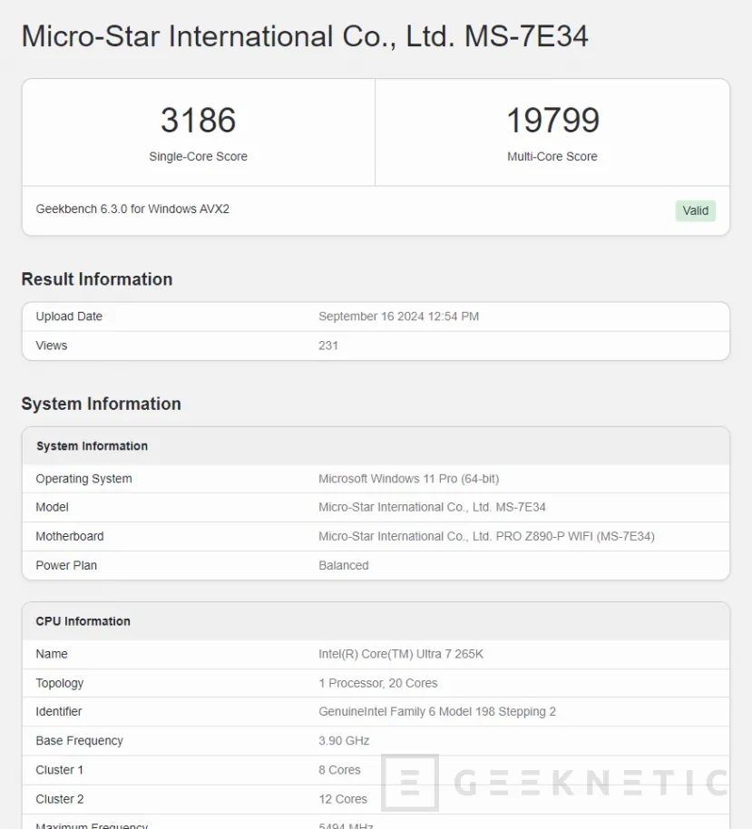 Geeknetic Aparecen en Geekbench 6 el Core Ultra 9 285K y el Core Ultra 7 265KF consiguiendo 3.186 puntos en un solo núcleo 2