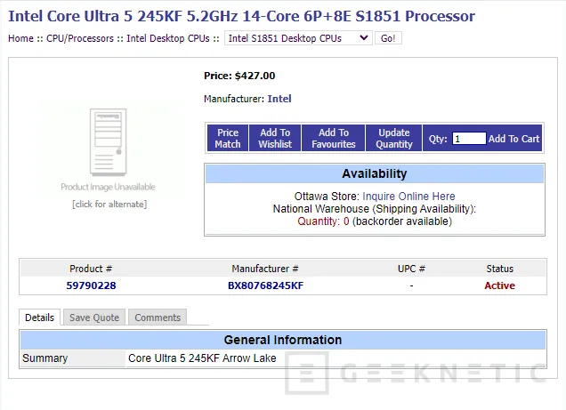 Geeknetic Otro vendedor de Canadá deja ver los precios de los Intel Arrow Lake, prácticamente iguales que la anterior filtración 2