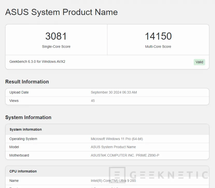 Geeknetic Se deja ver en Geekbench el Intel Core Ultra 9 285 (no K) con TDP de 65 W 1