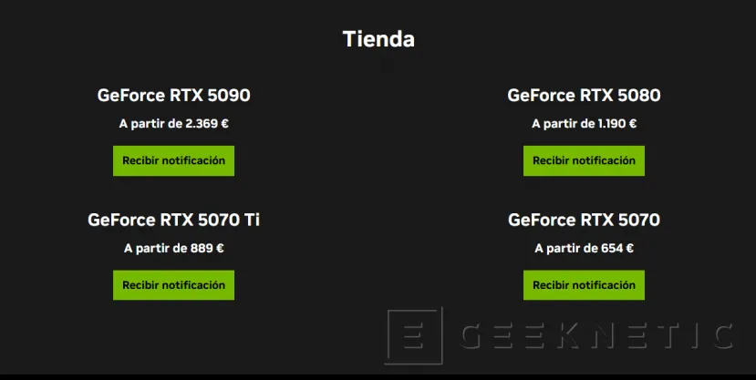 Geeknetic La NVIDIA RTX 5090 FE sube hasta los 2.369 euros, una diferencia de casi 1.200 euros con la RTX 5080 FE 1