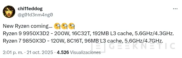 Geeknetic AMD prepara un Ryzen 9 9950X3D2 con unos brutales 192 MB de caché, según una nueva filtración 1