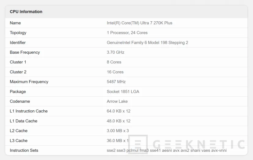 Geeknetic Aparece en Geekbench el Intel Core Ultra 7 270K Plus con 24 núcleos y 5,4 GHz, uno de los nuevos Arrow Lake Refresh 1