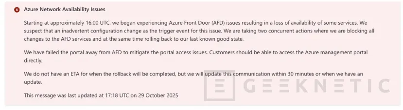 Geeknetic Azure confirma una incidencia global en su portal de gestión con fallos de acceso y funcionamiento intermitente en varios servicios 1